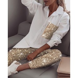 Sequin lång ärm skjorta & glitter glänsande byxa - set