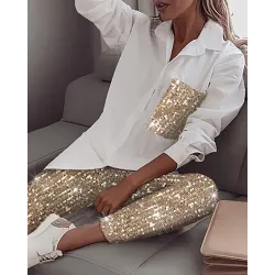 Sequin lång ärm skjorta & glitter glänsande byxa - set