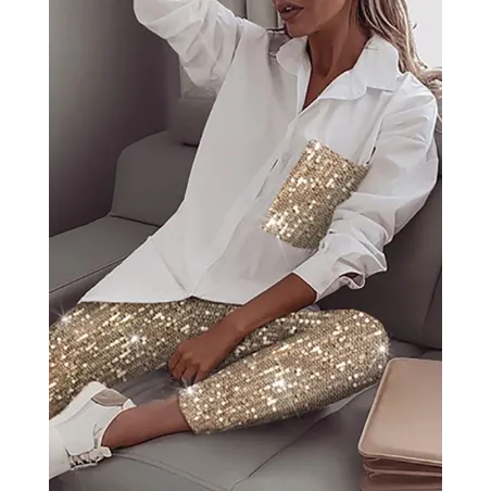 Camicia a maniche lunghe in paillettes e pantalone scintillante - set
