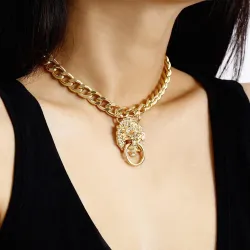 Hip-hop short chain with lion's head - gold necklace