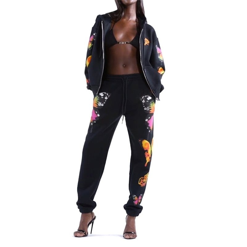 Hoodies & JerséisTrajes de moda con mariposas impresas - capucha / pantalones - conjunto