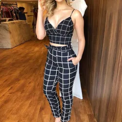 Sleeveless top & pantalon - plaid set