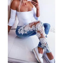 Jeans maigres sexy - pantalon découpé avec dentelle florale