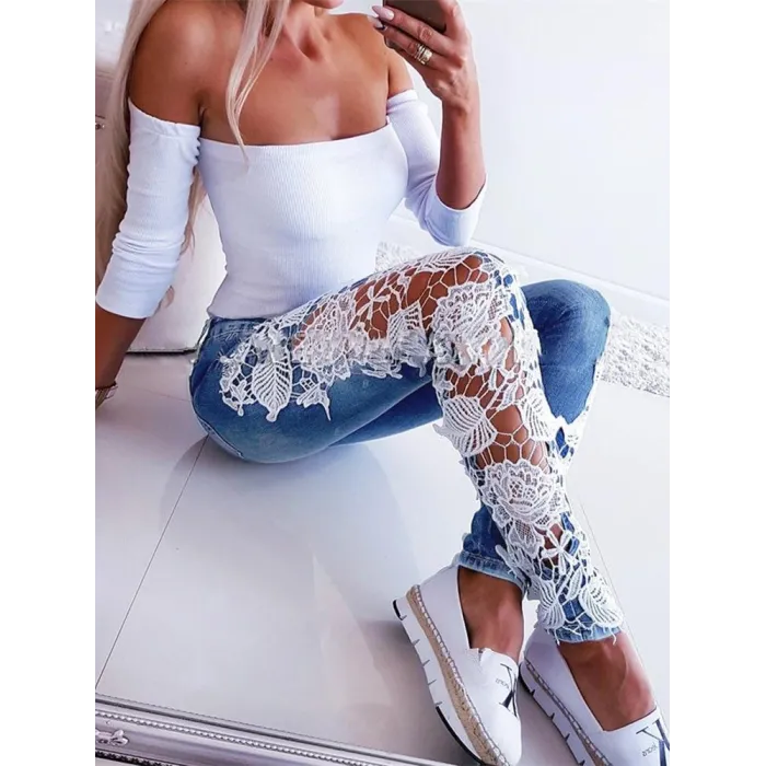 Jeans maigres sexy - pantalon découpé avec dentelle florale