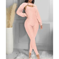 Elegant texturerad ribbed jumpsuit - lång ärm topp - cut-out back - set