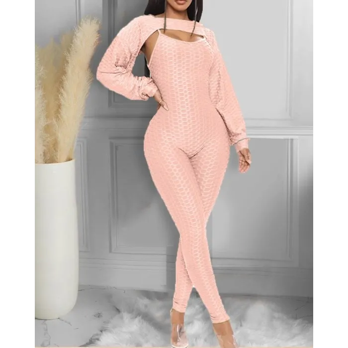 Elegant texturerad ribbed jumpsuit - lång ärm topp - cut-out back - set