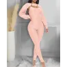Elegant texturerad ribbed jumpsuit - lång ärm topp - cut-out back - set