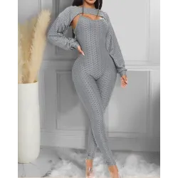 Elegante tuta a costine con texture - manica lunga superiore - cut-out back - set