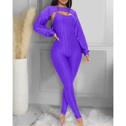 Elegant textured ribbed jumpsuit - long sleeve top - cut-out back - setJumpsuits
