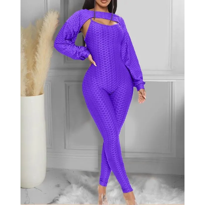 Elegant textured ribbed jumpsuit - long sleeve top - cut-out back - setJumpsuits