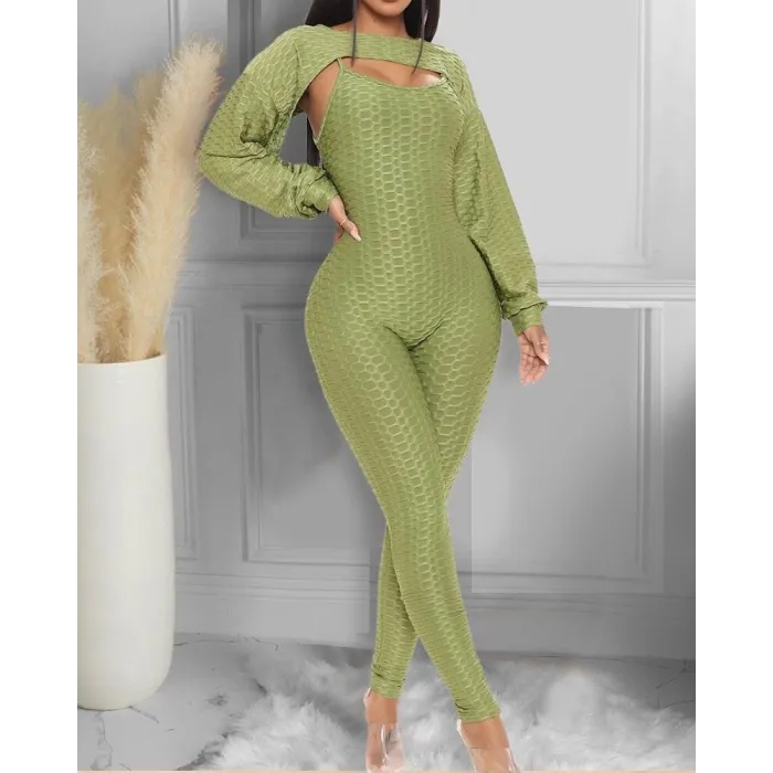 Elegante tuta a costine con texture - manica lunga superiore - cut-out back - set