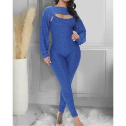 Elegant textured ribbed jumpsuit - long sleeve top - cut-out back - set