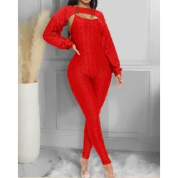Elegant textured ribbed jumpsuit - long sleeve top - cut-out back - set