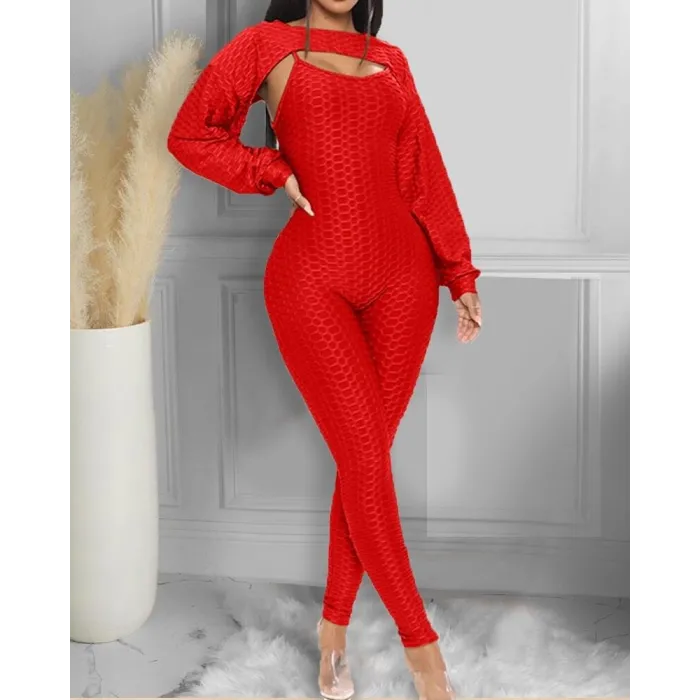 Elegant textured ribbed jumpsuit - long sleeve top - cut-out back - set