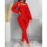 Elegant textured ribbed jumpsuit - long sleeve top - cut-out back - set