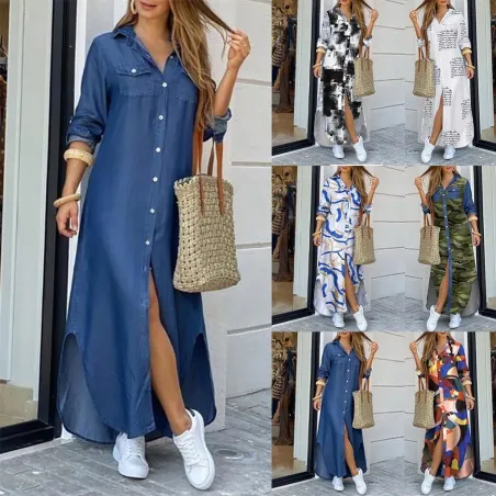 Długa luźna sukienka z guzikami - denim / nowoczesny nadrukSukienki