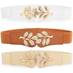 Correia larga elástica na moda - fivela de emblema de folhas