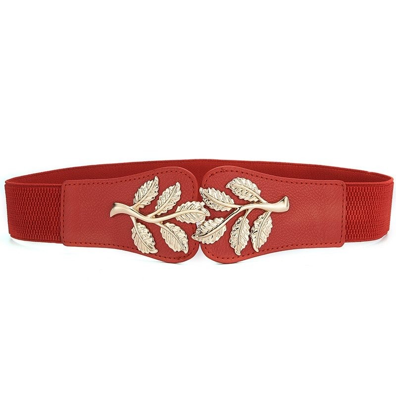 Fashionable elastic wide belt - leafs emblem buckle