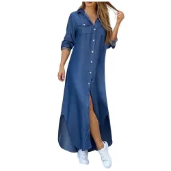 Długa luźna sukienka z guzikami - denim / nowoczesny nadrukSukienki