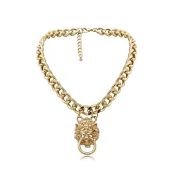 CollarCadena corta Hip-hop con cabeza de león - collar de oro