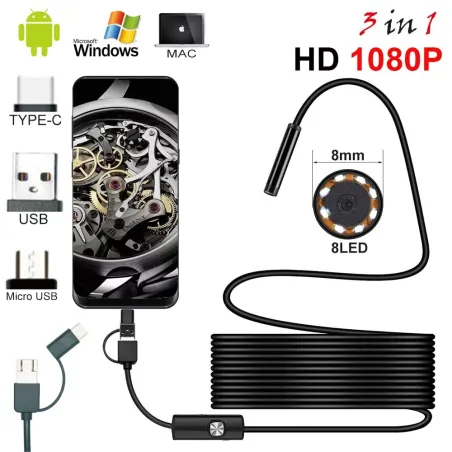 Cámara8.0mm - cámara endoscopio USB - 1080P HD - 8 LED - cable impermeable - para Android / PC