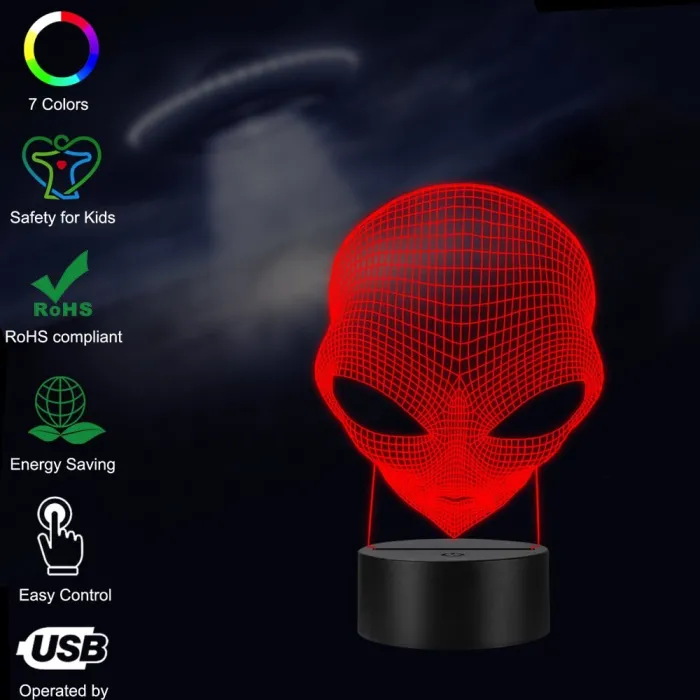 3D-aliens huvud - touch control - RGB - LED - USB - nattlampa