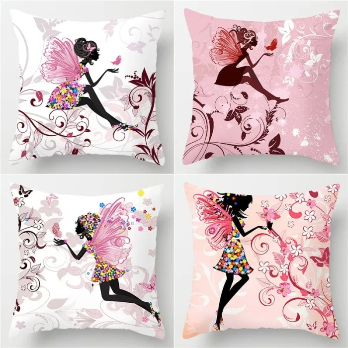 Fée aux fleurs roses - housse - coton - 45 * 45cm