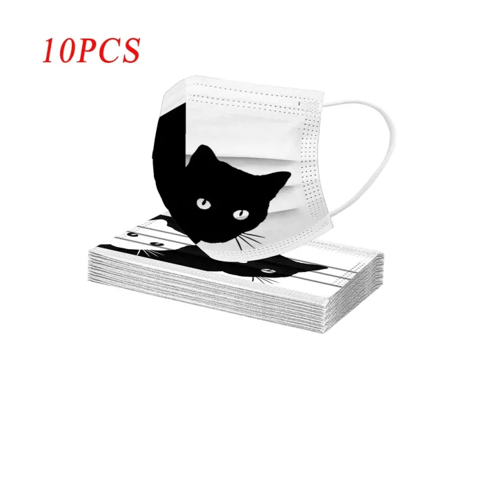 10 pièces - masque protecteur / visage - 3 couches - jetable - imprimé chat