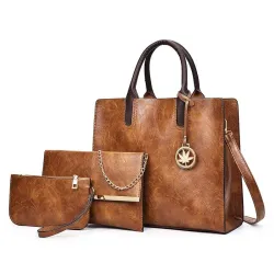 Modische Lederhandtasche - Umhängetasche - kleine Clutch - Hanf-Logo - 3-teiliges Set