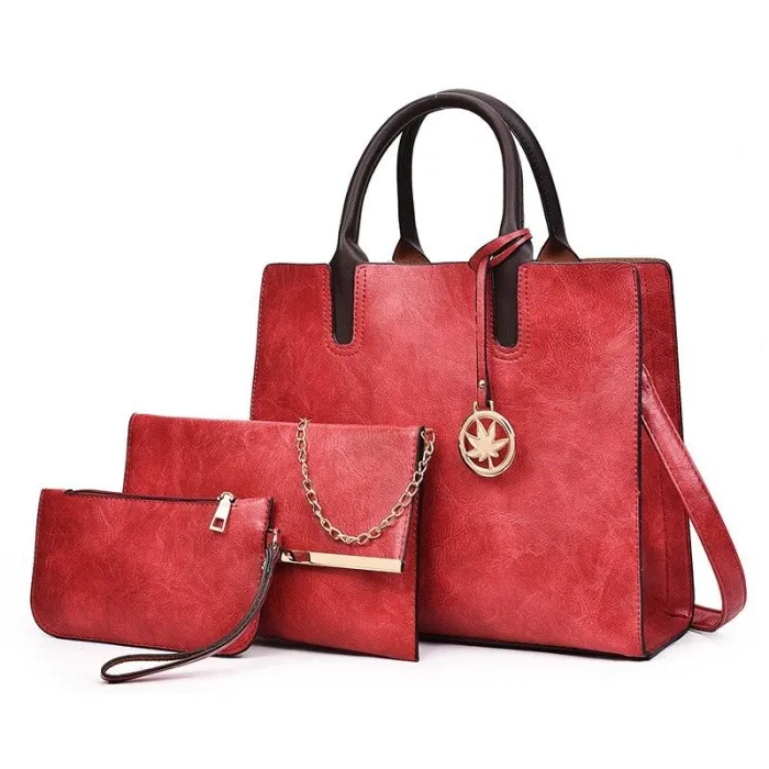 Modische Lederhandtasche - Umhängetasche - kleine Clutch - Hanf-Logo - 3-teiliges Set