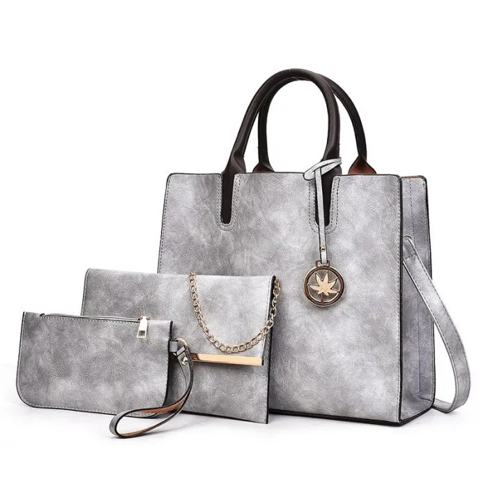 Modische Lederhandtasche - Umhängetasche - kleine Clutch - Hanf-Logo - 3-teiliges Set