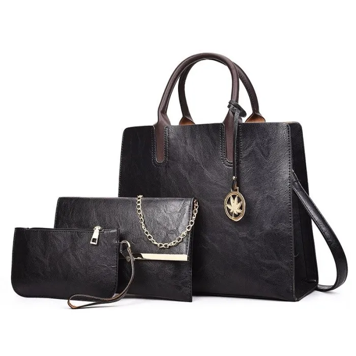 Modische Lederhandtasche - Umhängetasche - kleine Clutch - Hanf-Logo - 3-teiliges Set