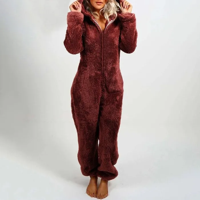 Plüschspielanzug mit Hoodie und Reißverschluss - Winterpyjama
