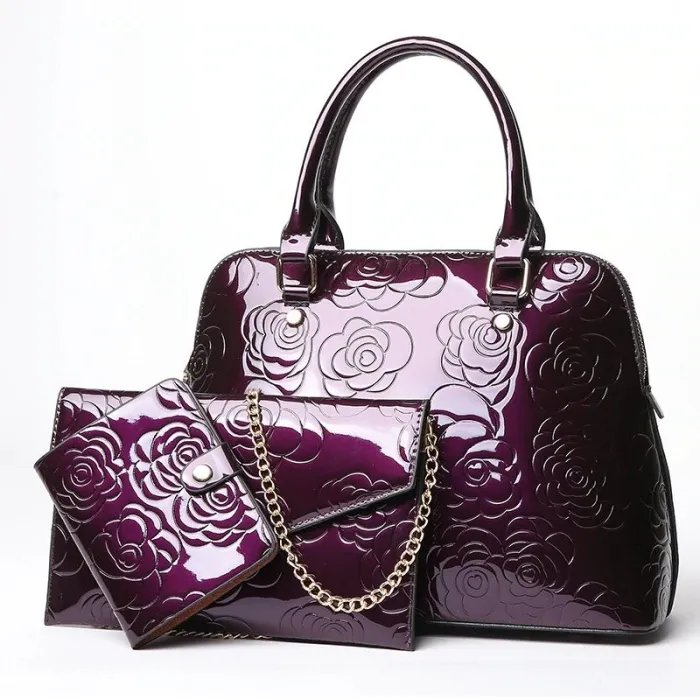 Lederhandtasche - Umhängetasche - kleine Geldbörse - Blumendruck - 3-teiliges Set