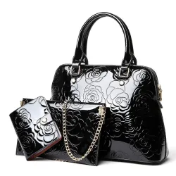 Lederhandtasche - Umhängetasche - kleine Geldbörse - Blumendruck - 3-teiliges Set