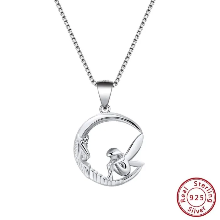 Fairy sitting on moon pendant - necklace - 925 sterling silverNecklaces