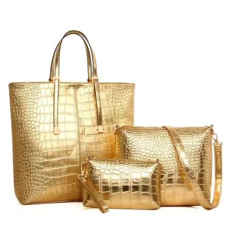 Ledertasche - Umhängetasche - kleine Clutch - Krokodilleder-Design - 3-teiliges Set