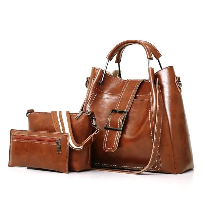 Ladies leather handbag set - with messenger bag and purse - 3pcs/set