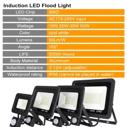 10W - 20W - 30W - 50W - LED oversvømmelseslys - bevægelsessensor - vandtæt udendørs reflektor