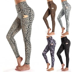 Fitness - Yoga - leggings med lommer - komprimeret - svedabsorberende - høj talje - leopardprint