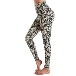 Fitness - joga - legginsy z kieszeniami - kompresyjne - wchłaniające pot - wysoka talia - nadruk w panterkęFitness