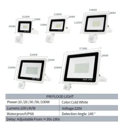 LED projektør - udendørs reflektor - PIR bevægelsessensor - vandtæt - 10W - 20W - 30W - 50W - 100W