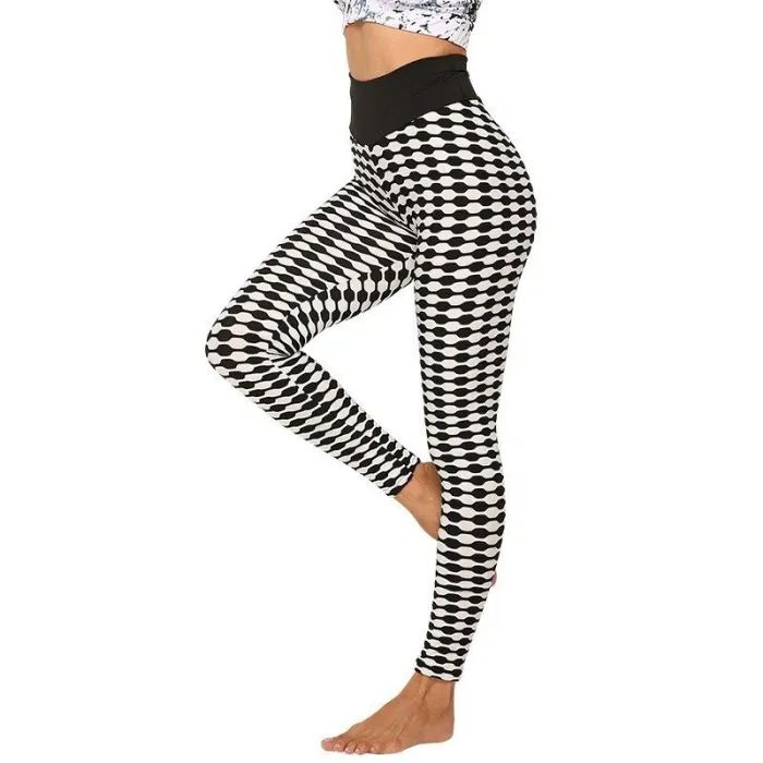 Elastyczne długie legginsy - wyszczuplające - z nadrukiem w kratkę - fitness - jogaFitness