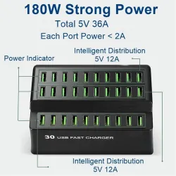 180W 36A - snabb laddning - USB Smart laddare med 30 USB-portar - för iPhone - Samsung