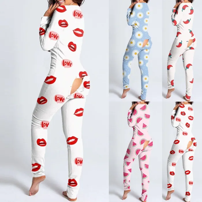 Sovedragt med knapper - pyjamas i ét stykke med funktionel klap bagpå