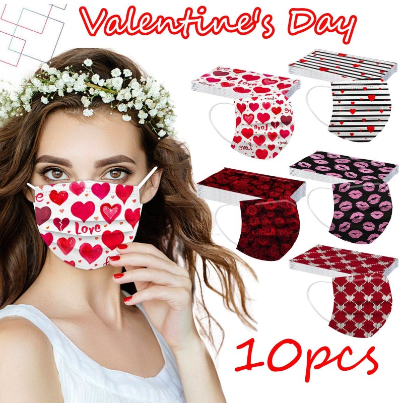 Face / mouth protective masks - 3 layers - unisex - Valentine's day / hearts - 10 pieces
