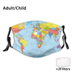 Ansigts-/mundbeskyttende maske med 2 PM2.5 filtre - til voksne / børn - verdenskort