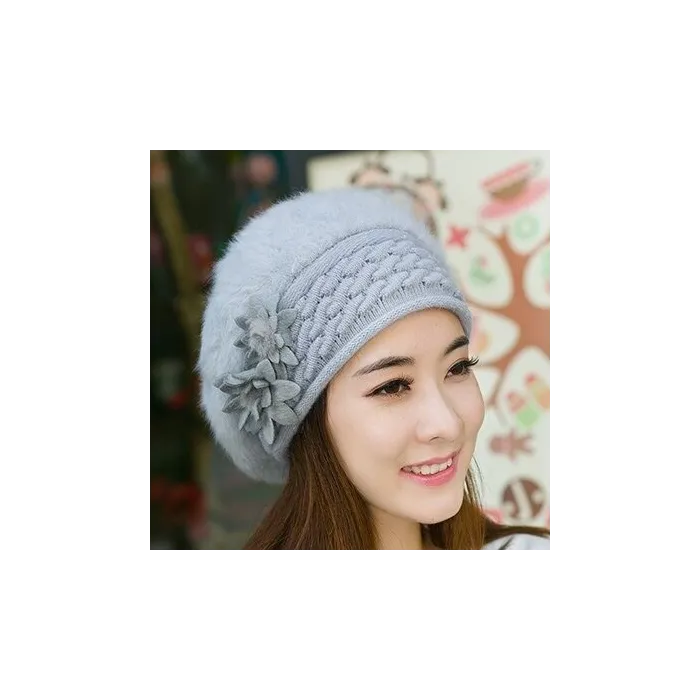 Knitted beret - a warm fur hat with decorative flowersHats & Caps