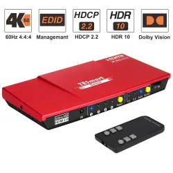 HDMI switch - 4 i 1 ud - med S/PDIF & L/R lydudgang - HDTV 4K 60Hz 4:4:4 - IR fjernbetjening