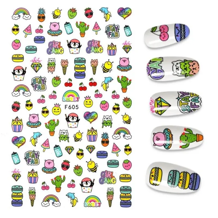 Stickers nail art - fleurs colorées et dessins animés